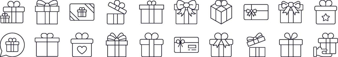 Giftbox, Box for Present Outline Web Line Icons Collection. Editable Stroke. Minimalistic Linear Pictogram for Design of Cards, Apps, Banners, Posts vector