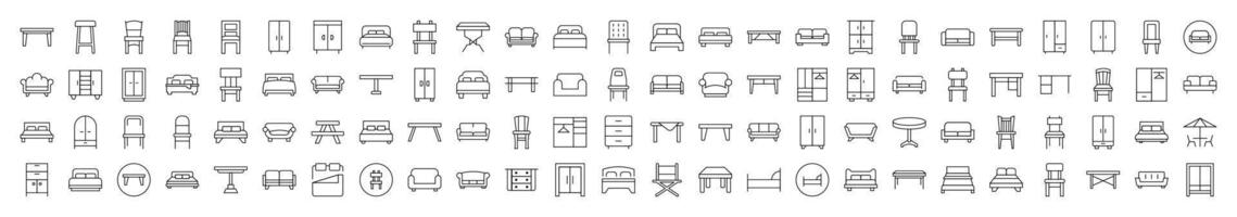 Collection of Outline Signs of Wardrobe, Bed, Sofa, Table, Chair Drawn with Thin Line for apps, web sites, banners, infographics and other types of design vector