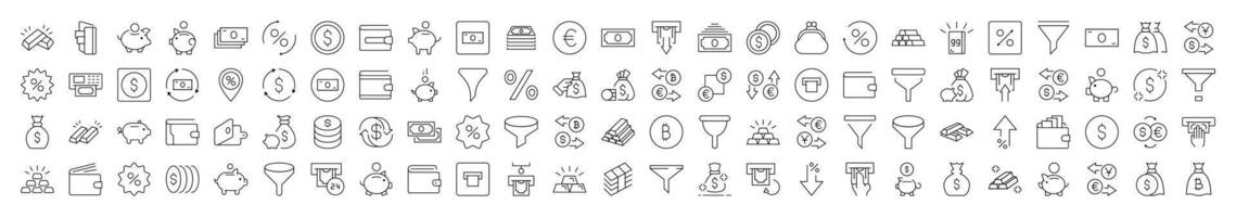 Money Exchange, Currency, Wallet, Bank, Funnel Bundle of Thin Icons. Editable Stroke. Suitable for Web Sites, Books, Cards, Apps vector