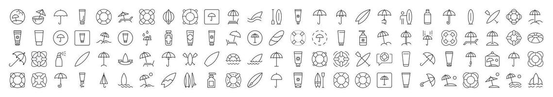 Beach, Umbrella, Surfing, Lifeline, Summer Rest Images Drawn with Thin Line. Collection of Various Design Elements that Can Be Used for Apps, Articles, Web Sites, Social Media vector