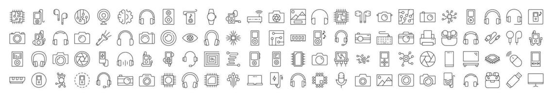 Set of Sound Related Line Icons. Editable Stroke for Design, Web Sites, Apps, Cards. Contains Linear Images of Chip, Headphones, Camera, Memory Card vector