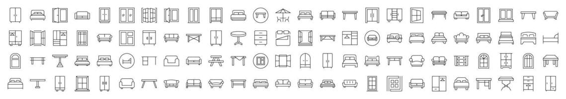 Furniture Line Icon Collection. Modern Collection for Design, Web Sites, Apps, Cards. Contains Linear Images of Dresser, Couch, Sofa, Table, Window vector