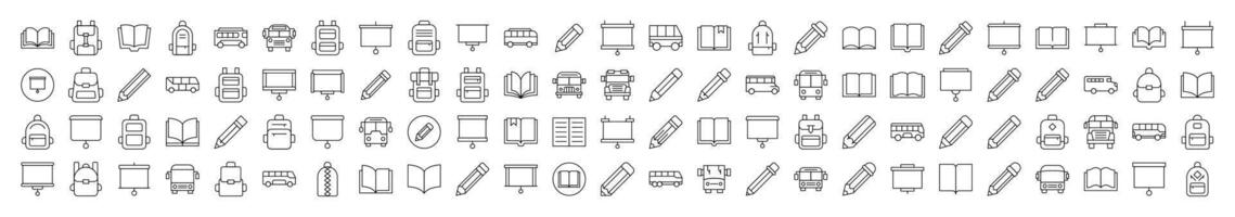 Simple Linear Icon of Pen, Presentation Board, Bus, School Bag, Book. Editable Stroke. Minimalistic Linear Pictogram for Design of Cards, Apps, Banners, Posts vector