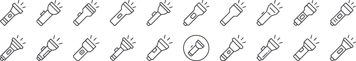 Bundle of Line Icons of Flashlight. Editable Stroke. Minimalistic Linear Pictogram for Design of Cards, Apps, Banners, Posts vector