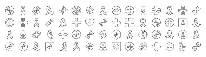 Collection of Signs of Medical Cross, Pink Ribbon, DNA Drawn with Thin Line for apps, web sites, banners, infographics and other types of design vector