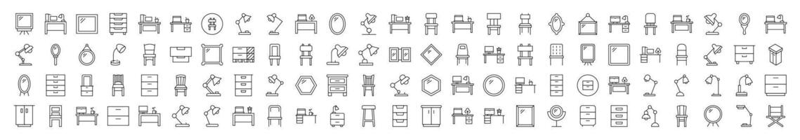 Furniture for Interior Related Outline Image Set. Contains Icons of Workplace, Mirror, Chair, Table Lamp for Banners, Infographics, Books, Articles and Other Types of Design vector