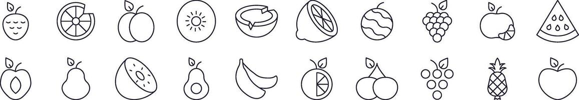 Set of Line Icons of Watermelon, Coconut, Grape and Other Fruits. Editable Stroke. Minimalistic Linear Pictogram for Design of Cards, Apps, Banners, Posts vector