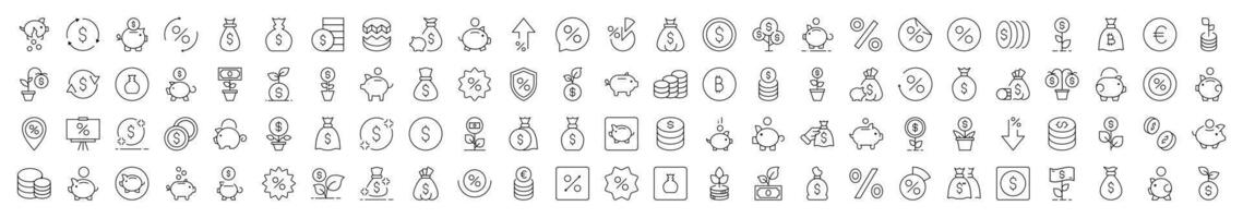 Collection of Finance Related Line Icons. Editable Stroke for Design, Web Sites, Apps, Cards. Contains Linear Images of Piggy Bank, Percent, Coin, Tree Money vector