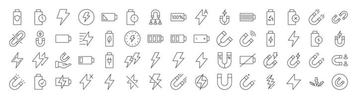 Set of Line Icons of Energy, Battery, Charger. Editable Stroke. Minimalistic Linear Pictogram for Design of Cards, Apps, Banners, Posts vector