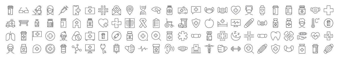 Pack of Medicine and Healthcare Related Line Icons. Editable Stroke for Design, Web Sites, Apps, Cards. Contains Linear Images of Organs, Medical Cross, Pills vector