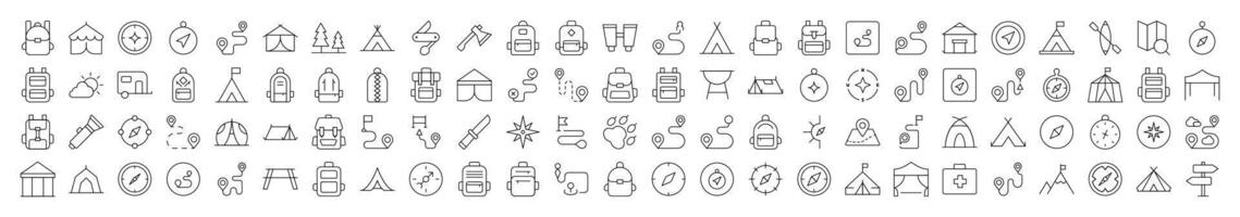 Backpack, Road, Map Pin, Compass, Tent Line Icon Collection. Editable Stroke. Minimalistic Linear Pictogram for Design of Cards, Apps, Banners, Posts vector