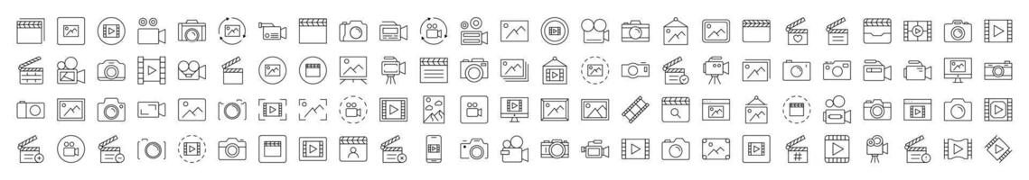 Bundle of Line Icons of Clapperboard, Photo Camera, Movie, Picture. Editable Stroke. Minimalistic Linear Pictogram for Design of Cards, Apps, Banners, Posts vector