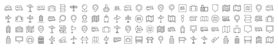 Motorhome, Map Pin, Baggage, Direction Pointer Set of Thin Icons. Editable Stroke. Suitable for Web Sites, Books, Cards, Apps vector