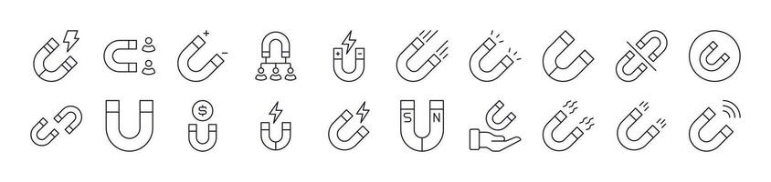Pack of Line Icons of Magnet. Editable Stroke. Minimalistic Linear Pictogram for Design of Cards, Apps, Banners, Posts vector