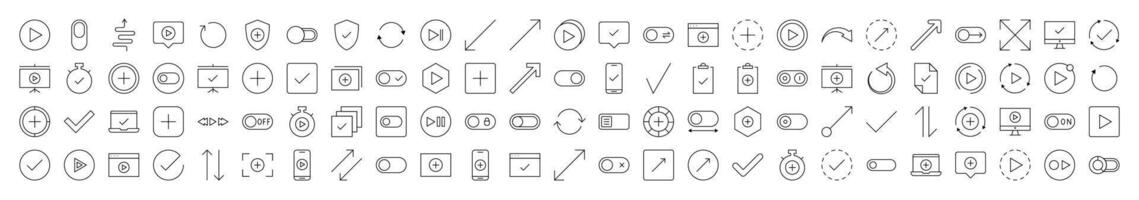 Line Icon Set of Interface. Contains Icons of Arrows, Plus, Check, Play that Can Be Used for Design of Cards, Posts, Apps, Web Sites vector