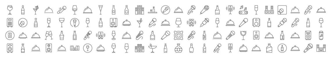 Cocktail, Bowl with Cloche, Bottle, Loud Speaker Images Drawn with Thin Line. Collection of Various Design Elements that Can Be Used for Apps, Articles, Web Sites, Social Media vector