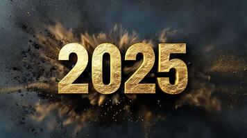 2025 in Black Textured Numbers with Gold Dust Explosion on Dark Background. New Year Celebration and Festive video