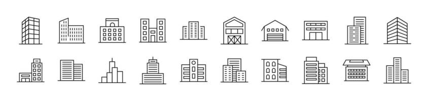 Building Outline Web Line Icons Collection. Editable Stroke. Minimalistic Linear Pictogram for Design of Cards, Apps, Banners, Posts vector
