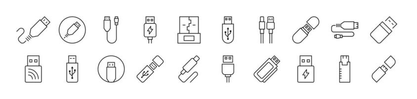 Collection of Line Icons of USB Cable. Editable Stroke. Minimalistic Linear Pictogram for Design of Cards, Apps, Banners, Posts vector