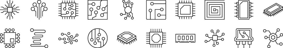 Pack of Line Icons of Chip and Scheme. Editable Stroke. Minimalistic Linear Pictogram for Design of Cards, Apps, Banners, Posts vector
