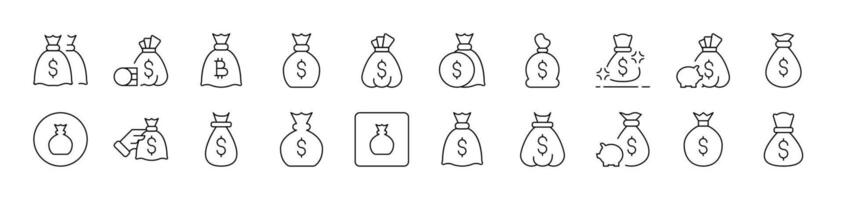 Money Bag Related Image Collection. Editable Stroke. Perfect for Infographics, Articles, Books, Flyers, Banners vector