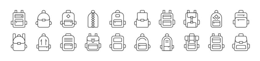 Schoolbag, Bag for Tracking and Hiking Outline Sign Collection. Editable Stroke. Perfect for Infographics, Articles, Books, Flyers, Banners vector