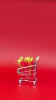 Shopping cart goes and gifts box appear in it. Concept of shopping and gifts for New Year and Christmas, Birthday, Sales and February 14. red background, minimal design stop motion animation video