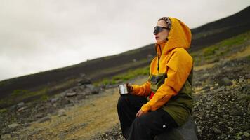 Relax And Recover Energy After Climbing In Mountains, Woman Hiker Sitting Alone On Slope video