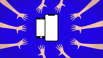 Graphic animation of several hands trying to grab phones. Motion graphics of smartphones and hands video
