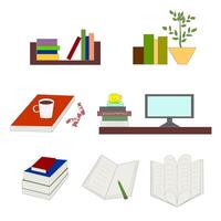 Illustrated image of book in different versions. Book, textbooks in stacks and in a single version on a white background vector