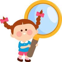 Little girl holding and looking through a magnifying glass. Student girl with magnifier at school science class. vector