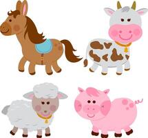 Collection of farm animals on white background. Cute cartoon farm animals set. A horse, a cow, a sheep and a pig. vector