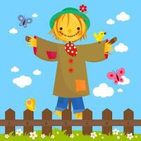 Scarecrow in the field behind a wooden fence. Cute scarecrow in the field with birds and butterflies. vector