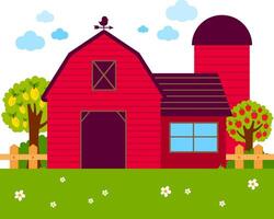 Countryside background with farmer house, apple and lemon trees garden. Barn in the farm with farmhouse, fence and orchard trees. vector