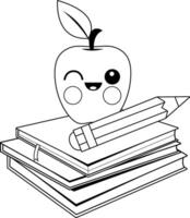 Stack of books, an apple and a pencil. School classroom with books and a cartoon apple. Education for students. Black and white coloring page. vector