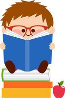 Cute little boy with eyeglasses reads a book. Happy child sitting on a stack of books and reading in class. Student kid at school reading and doing his homework. Story book for preschooler. vector