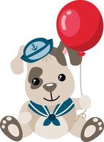 Funny and cute dog sailor holding a red balloon vector