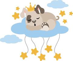Cute puppy with crown sleeping on cloud with stars vector
