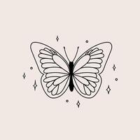 Card with butterfly and stars. Hand drawn illustration in sketch style. vector