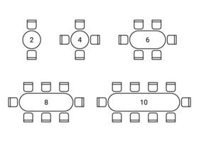 Set of plan for arranging place seats for guest in interior, layout graphic outline elements. Chairs and tables icons in scheme architectural plan. Office and home furniture, top view. illustration vector
