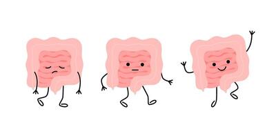 Health of intestine from sad unhealthy disease gut to happy with good microflora, cartoon character. Check health of intestine. Internal organ gut, intestine, colon, rectum, bowel. illustration vector
