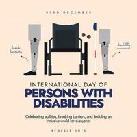 Day of Persons with disabilities celebration banner with wheel chair, artificial legs, white canes. Rights for Disabled. vector