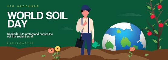 World Soil day. 5th December Soil day celebration cover banner, post with earth globe, trees, plants in mud. Theme for 2024 is Caring for Soils Measure, Monitor, Manage. Saving earths resources vector