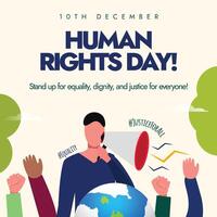 Human rights day. 10th December Human rights day celebration banner with a man speaking in a speaker, earth globe, hands raised. The day recalls adoption of the Universal Declaration of Human Rights. vector