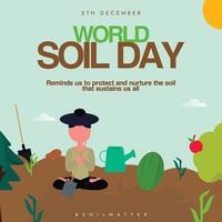 Soil Day. 5th December World Soil day conceptual banner with a farmer sitting in farm, icons of shovel, mud, apple, leaves. vector