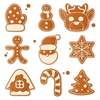 A set of Christmas themed gingerbread cookies in different shapes including mitt, snowman, reindeer, Santa, snowflake, tree, bell, Christmas tree, candy, New Year gift vector