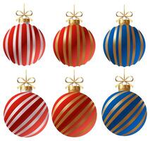 Festive set striped Christmas ornament with a gold ribbon and hanger with star on a white background. New Year Christmas tree toy. vector