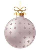 Festive white striped Christmas ornament with a gold ribbon and hanger with star on a white background. New Year Christmas tree toy. vector