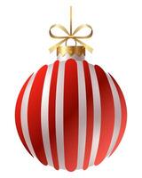 Festive red and white striped Christmas ornament with a gold ribbon and hanger on a white background. New Year Christmas tree toy. vector