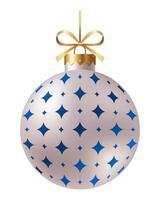 Festive white striped Christmas ornament with a gold ribbon and hanger with star on a white background. New Year Christmas tree toy. vector
